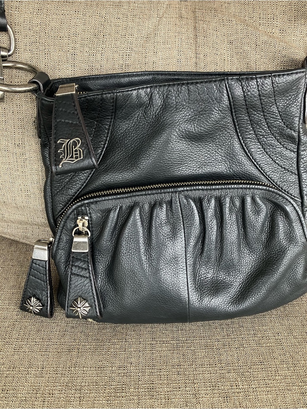B.Makowsky Black Leather Crossbody Bag with Silver Accents